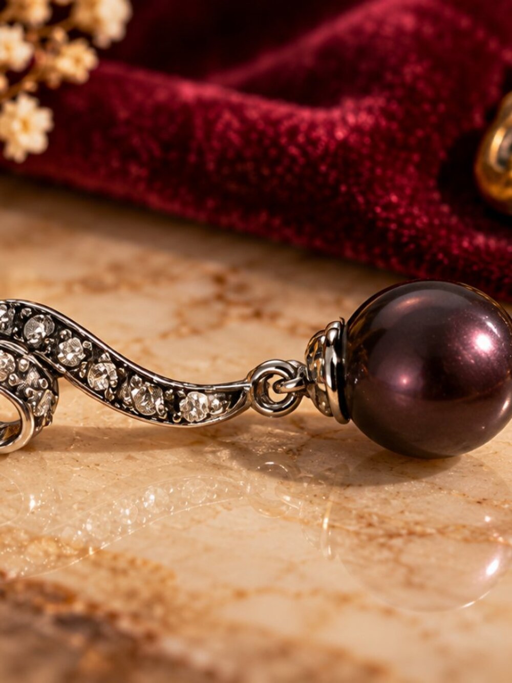 Sterling Silver 925 Purple Pearl & Crystal Swirl Pendant Charm